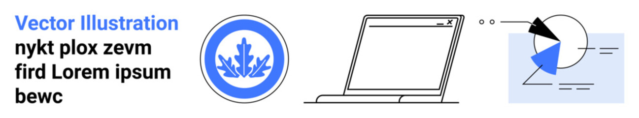 Logo inside circular badge, minimalist laptop, and pie chart with arrows. Ideal for branding, data, workflow, analytics, reporting, presentations and simple landing page