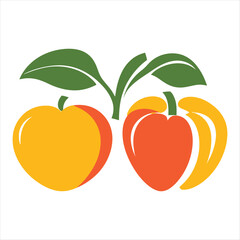 Two Fresh Peaches With Green Leaves Vector Illustration On White Background