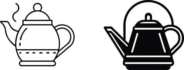 Teapot Kettle Icons Line Art, Black, White, Brewing, Hot Beverage