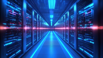 Fototapeta premium Abstract data transfer concept with futuristic neon blue light beams moving between cloud servers.