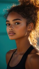 A close-up portrait of a young woman with curly hair, showcasing her natural beauty against a vibrant turquoise background.