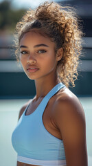 A young woman with curly hair poses confidently in a light blue athletic top, set against a blurred sports background.