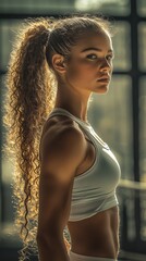 A profile of a fit individual with curly hair, showing determination and strength in a well-lit space, embodying fitness and confidence.