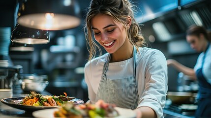 A cheerful woman in a kitchen prepares to serve a beautifully plated dish, showcasing culinary skills and passion for cooking.