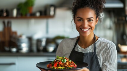 A smiling woman holds a vibrant plate of food in a modern kitchen, showcasing her culinary skills and joyful personality.