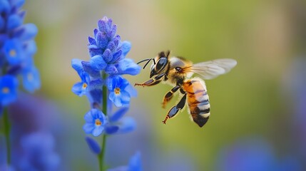 Honeybee Collecting Pollen from Vibrant Purple Flower in Nature