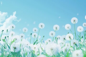 A field of dandelions with a blue sky and clouds creating a peaceful and serene atmosphere view