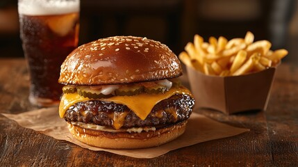 A juicy cheeseburger topped with pickles and onions, served with crispy fries and a glass of soda, all presented on a rustic wooden table.