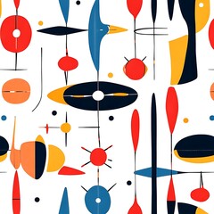 Abstract Mid Century Modern Art Colorful Geometric Shapes Pattern Design red blue bold white style  