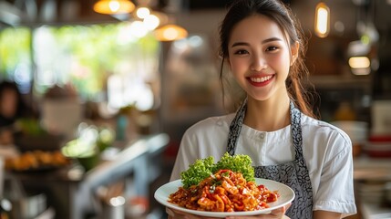 A smiling young woman in a kitchen holds a plate of colorful pasta garnished with greens, showcasing her culinary skills and hospitality.