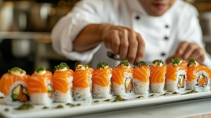 A chef carefully garnishes a platter of sushi rolls topped with fresh salmon, showcasing culinary craftsmanship and vibrant presentation.