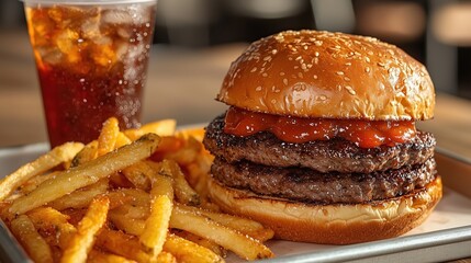 A delicious cheeseburger with two patties, topped with ketchup, served alongside crispy fries and a glass of cola.