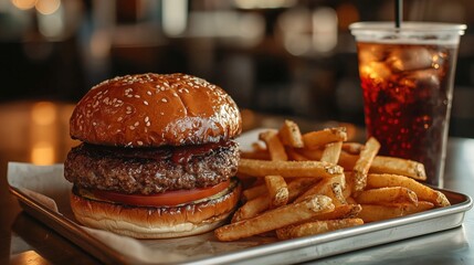 A delicious burger with a sesame seed bun, served with golden fries and a refreshing drink, perfect for a casual meal.