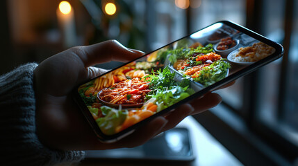A hand holds a smartphone displaying vibrant images of various delicious dishes, showcasing colorful food in a cozy setting.
