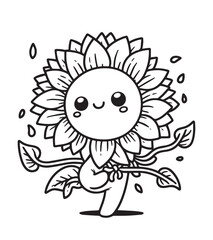 Coloring book sunflower sprout with big, dewy eyes and a gentle smile
