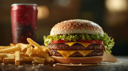 A mouthwatering burger with cheese, lettuce, and tomato, accompanied by golden fries and a soda, showcasing a delicious fast-food meal.