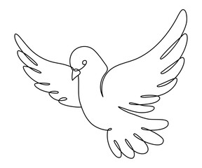 Obraz premium Flying Dove Bird. One Continuous Line Drawing. Pigeon Symbol of Peace and Freedom, Pentecost in Simple Linear Style. Line Art. Hand Drawn Vector Illustration