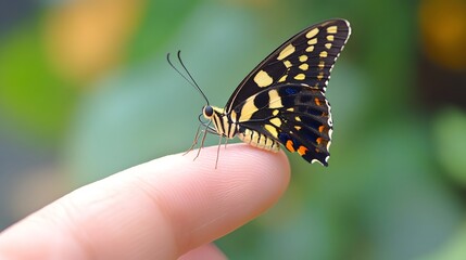 Obraz premium Close-Up of a Colorful Butterfly Perched on a Human Finger