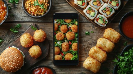A vibrant flat lay of various delicious foods including sushi, fried snacks, and a burger, showcased alongside a smartphone displaying a close-up of the meal.