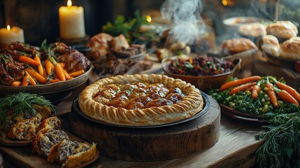 A beautifully arranged feast featuring a variety of dishes, including pie, roasted vegetables, and garnishes, set in a warm, rustic environment.