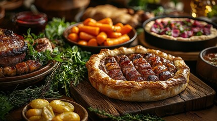A vibrant spread of delicious dishes, featuring roasted meats, colorful vegetables, and a savory pastry, creating an inviting and hearty dining scene.