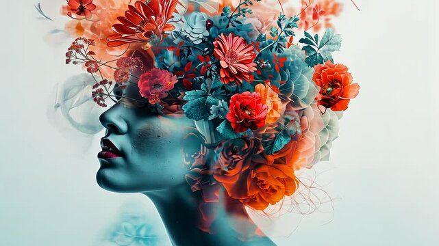 Frau mit floraler Kopfdekoration in Profilansicht