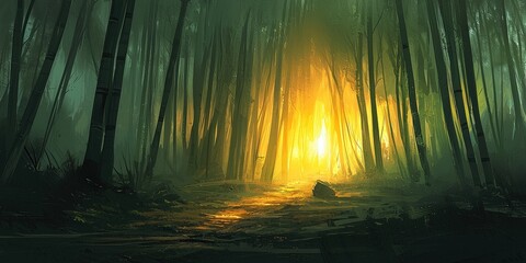 a forest with a man standing in the middle of it, looking at the light shining through the trees. 