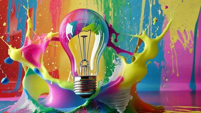 Bunte Gl&uuml;hbirne mit Farbklecksen auf Leinwand