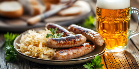 Grilled sausages with sauerkraut and beer