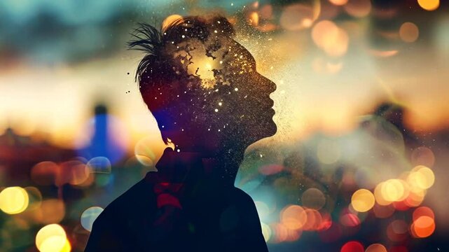 Silhouette in Gedanken mit Lichtpunkten
