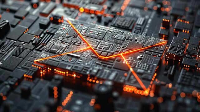 glowing mail icon on circuit board
