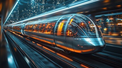 Fototapeta premium Futuristic high-speed train speeding through city at night.