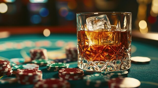 Close-up of a whiskey tumbler with ice on a casino roulette table, with gambling chips scattered around, symbolizing the thrill of fortune and risk.