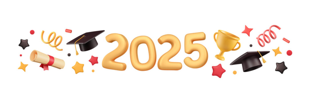 2025 graduation border with 3d elements. Congratulations banner with confetti in plastic style, winner cup, student hat, diploma and stars. Celebration event ribbon with numbers. Vector illustration.