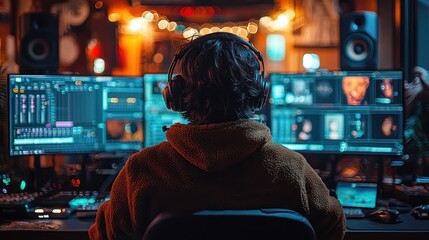Fototapeta premium Person wearing headphones edits video on multiple monitors in a dimly lit room.