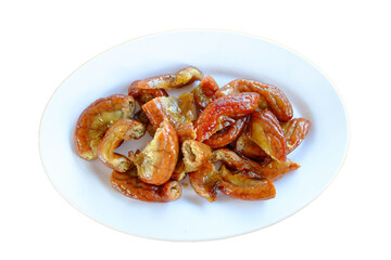 Thai Grilled Pork Intestines esan thaifood on white plate,white background,isolation