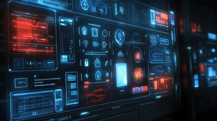 Obraz premium Digital holographic interface displaying smart home features, with security locks and energy-efficient symbols in a sleek, modern design.