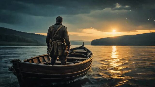 A man standing confidently on boat looking into the sea with determination