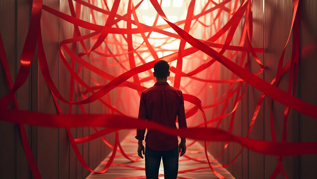 Navigating the Labyrinth of Bureaucracy, A Visual Representation of Overcoming Obstacles and Finding Clarity Amidst Complex Systems and Challenges in Modern Life