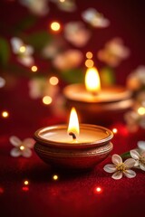 Warm Candlelight Glows on a Festive Red Surface with Delicate White Blossoms and Bokeh Lights Creating a Serene Ambiance