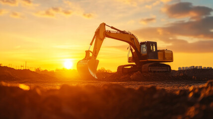 Heavy machinery excavating trench, golden sunset silhouetting earthmoving equipment against twilight sky