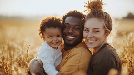 Young multiracial family is savoring a balmy summer evening in a wheat field