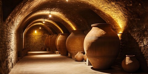 Ancient wine cellar with large clay amphorae
