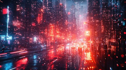 Obraz premium Cyberpunk city street at night, rain, neon lights, futuristic cityscape.