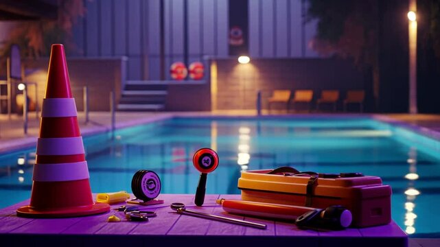 Poolside equipment rests besides pool water awaiting maintenance indoor