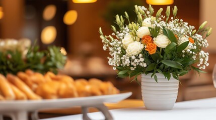 Beautiful flower arrangement in a white vase on a table. the vase is filled with white and orange flowers, including roses, daisies, and lilies.