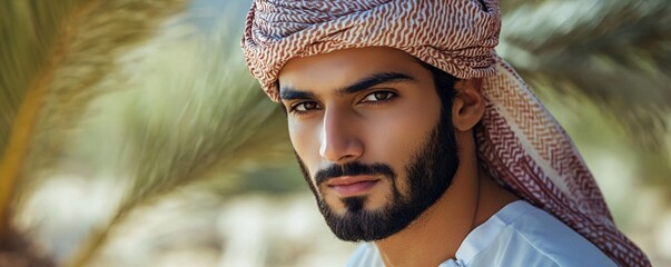 Closeup portrait of attractive bearded arab man wearing traditional headscarf in blurred palm trees background