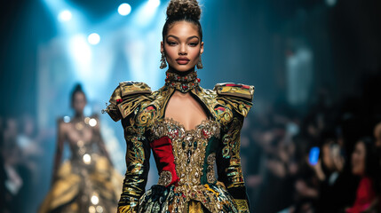 A high fashion show featuring beautiful, stylish young female models walking the runway. The concept of haute couture, elegance, and modern fashion trends. Generative AI.