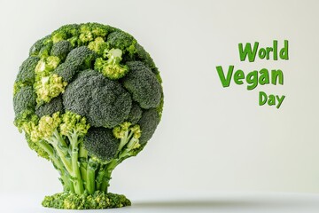 A broccoli tree next to the words world vegan day on a white background for a vegan celebration