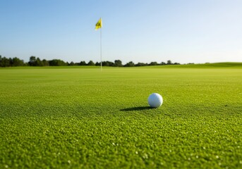 Obraz premium Golf Ball on Green Golf Course with Flag, Sport Landscape, Sunny Day, Outdoor Recreation.